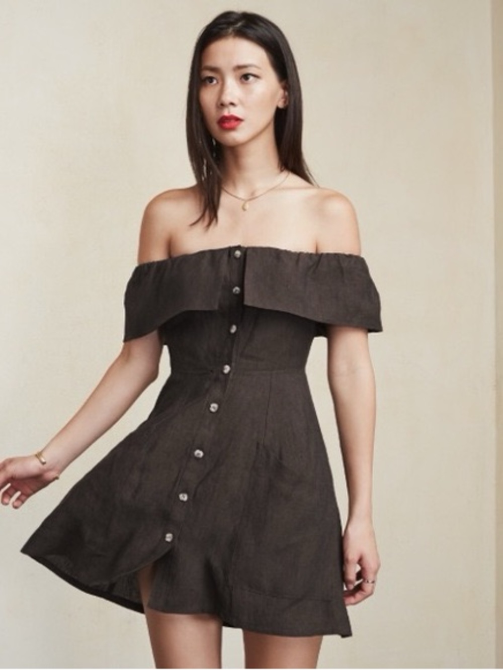 Reformation Botanica Mini Dress 2 Plateau Linen Off-The-Shoulder Button Front